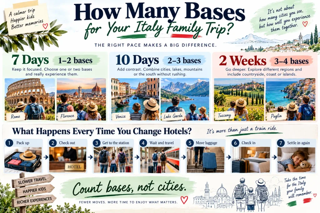 Italy family trip planning guide comparing one to two bases for seven days, two to three for ten days and three to four for two weeks
