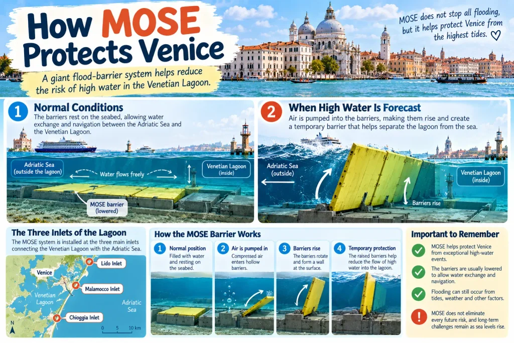 Diagram of Venice's MOSE flood barriers showing lowered gates during normal conditions and raised gates during high-water events