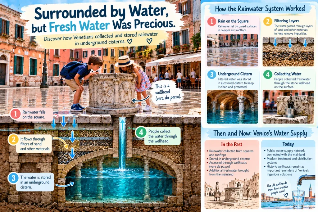 Educational diagram of Venice's historic rainwater collection system with filtering layers, an underground cistern and a stone wellhead