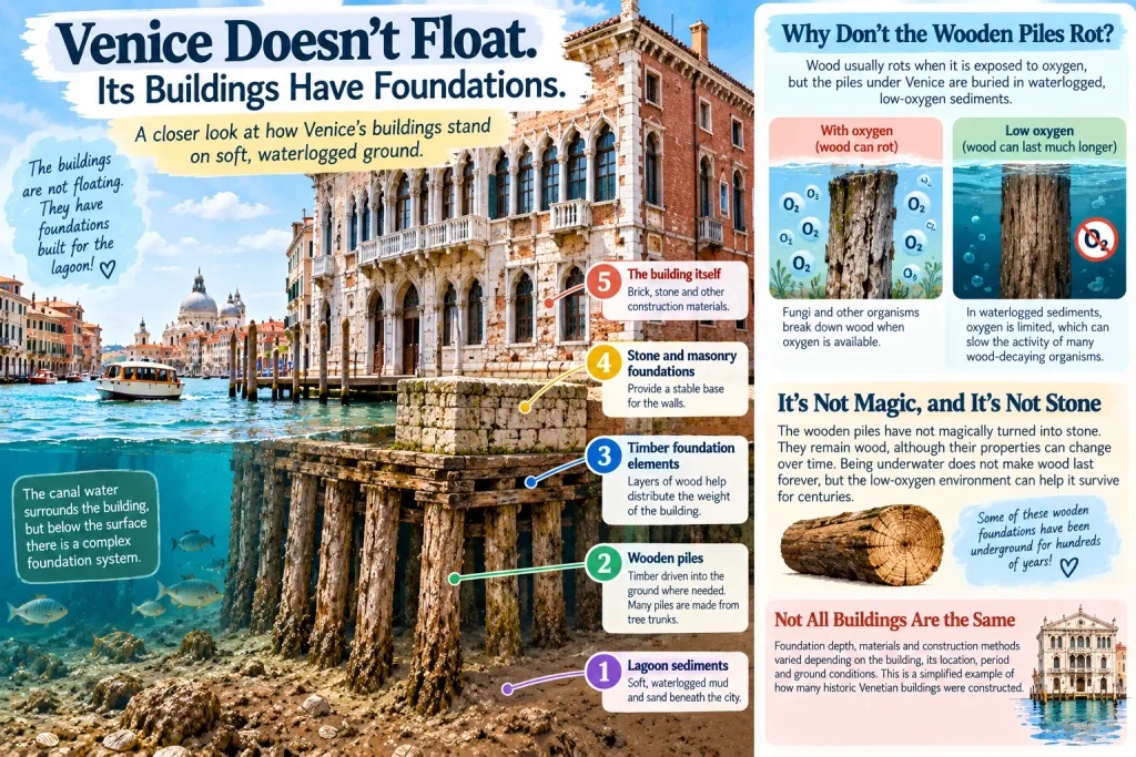 Cross-section diagram of Venetian buildings showing masonry foundations, timber layers, wooden piles and waterlogged lagoon sediments