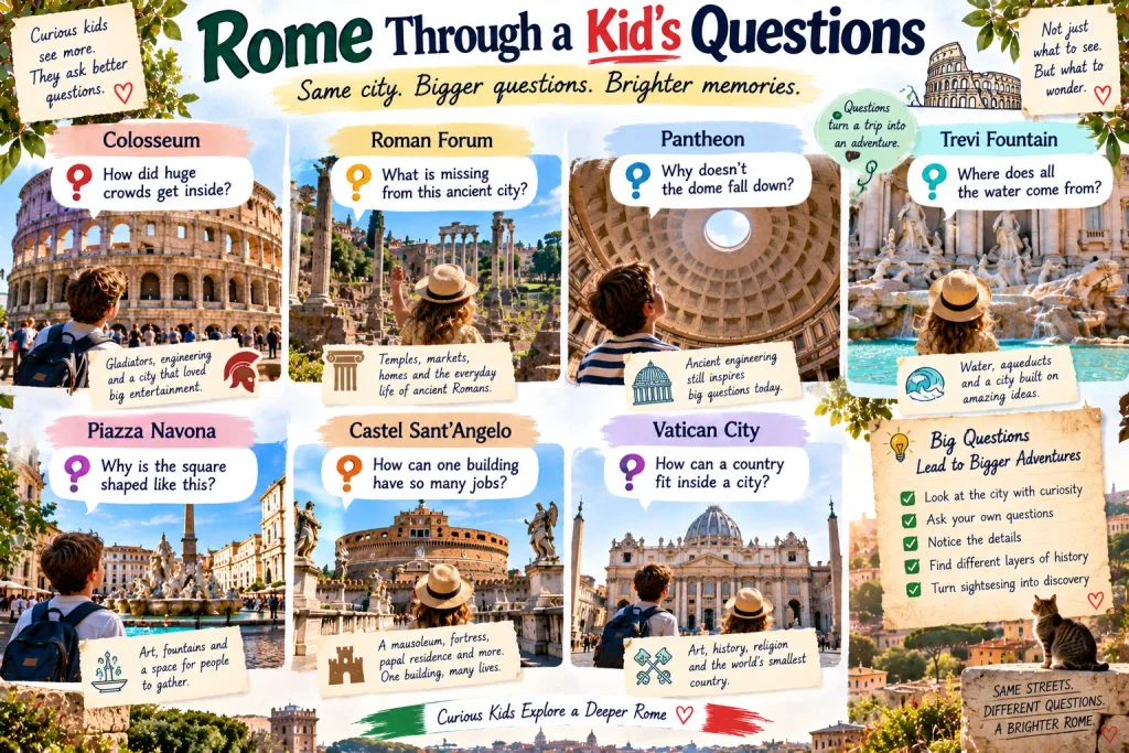 Kids guide to Rome using questions about the Colosseum, Roman Forum, Pantheon, Trevi Fountain, Piazza Navona, Castel Sant'Angelo and Vatican City