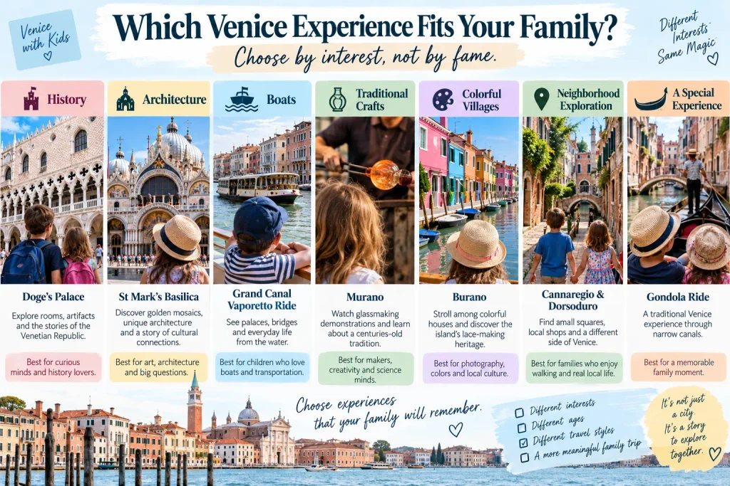 Venice family travel infographic comparing Doge's Palace, St Mark's Basilica, Grand Canal, Murano, Burano, neighborhoods and gondola rides