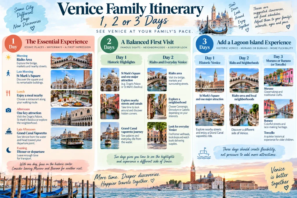 Venice family itinerary infographic comparing one-day, two-day and three-day trips with Rialto, St Mark's Square, the Grand Canal, Murano and Burano