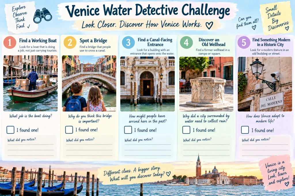 Venice activity worksheet for children to find working boats, bridges, canal-facing entrances, historic wellheads and modern features