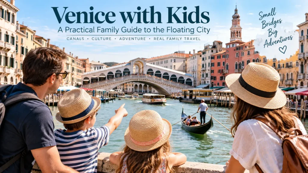 Family with children exploring Venice near Rialto Bridge, with gondolas and boats on the Grand Canal