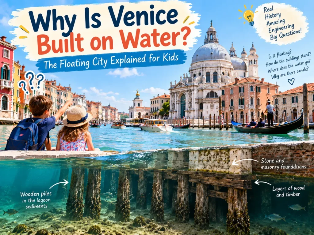Diagram of Venice's MOSE flood barriers showing lowered gates during normal conditions and raised gates during high-water events